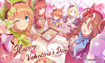 Rule 34 | + +, 5girls, ahoge, animal ears, apron, baking, blonde hair, blue eyes, blue hair, blue neckerchief, blunt bangs, blush, breasts, brown hair, chocolate, closed mouth, colored inner hair, commentary request, cookie, ears through headwear, flipped hair, food, green eyes, green neckerchief, green skirt, hair between eyes, hair bun, hair ornament, happy valentine, hat, highres, holding, holding tray, horse ears, horse girl, horse tail, large breasts, long hair, looking at viewer, matikanefukukitaru (umamusume), medium breasts, mixer (cooking), multicolored hair, multiple girls, neckerchief, neo universe (umamusume), official art, one eye closed, open mouth, orange hair, shirt, short hair, silence suzuka (umamusume), skirt, sleeveless, small breasts, smile, sounds of earth (umamusume), star (symbol), star hair ornament, star ornament, streaked hair, taiki shuttle (umamusume), tail, tray, two-tone hair, umamusume, yellow neckerchief