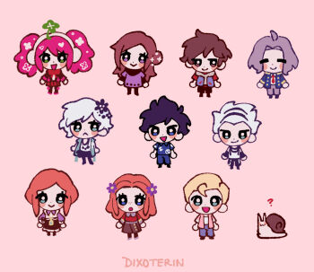 5boys 5girls :&lt; :d :o =_= ahoge artist_name blonde_hair blue_jacket blue_pants blue_shirt blush blush_stickers brown_hair brown_skirt carlos_(kyokugen_dasshutsu) chibi chibi_only closed_eyes closed_mouth clover commentary diana_(kyokugen_dasshutsu) dixoterin dot_nose dress earmuffs english_commentary eyelashes flower four-leaf_clover freckles full_body grey_hair hair_bun hair_flower hair_ornament heart jacket junpei_(kyokugen_dasshutsu) kurashiki_akane kyokugen_dasshutsu kyokugen_dasshutsu:_9_jikan_9_nin_9_no_tobira kyokugen_dasshutsu_adv:_zennin_shibou_desu long_hair luna_(kyokugen_dasshutsu) multiple_boys multiple_girls necktie niels_(kyokugen_dasshutsu) open_clothes open_jacket open_mouth orange_hair pants phi_(kyokugen_dasshutsu) pink_hair pink_jacket purple_dress purple_flower red_necktie red_shirt santa_(kyokugen_dasshutsu) shirt short_hair sigma_(kyokugen_dasshutsu) simple_background single_side_bun skirt smile snail twintails white_hair white_shirt yotsuba_(kyokugen_dasshutsu) zero_escape:_toki_no_dilemma