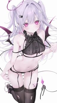 bare_shoulders black_thighhighs breasts chain demon_wings frills garter_straps hair_between_eyes hair_intakes hair_ornament halo hashtag-only_commentary highres leg_tattoo long_hair mashiro_shiki navel original pink_eyes purple_hair small_breasts tagme tail tattoo tears thighhighs thighs watermark wings