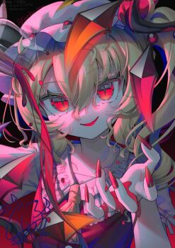 1girl ascot black_background blonde_hair blood blood_on_hands collarbone commentary crystal_wings cup dated drinking_glass evil_smile fingernails flandre_scarlet frilled_shirt_collar frills gradient_background gunjou_row hair_between_eyes hat holding holding_cup long_bangs long_fingernails long_hair looking_at_viewer mob_cap nail_polish parted_bangs parted_lips puffy_short_sleeves puffy_sleeves red_background red_eyes red_nails red_vest ribbon-trimmed_headwear ribbon_trim sharp_fingernails short_sleeves side_ponytail signature slit_pupils smile solo touhou twitter_username upper_body vest watermark white_hair wine_glass wings yellow_ascot