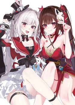 2girls bell bow breasts brown_hair choker cleavage clothing_cutout commentary_request detached_sleeves facial_mark fox_mask gloves hat hat_ornament highres honkai:_star_rail honkai_(series) japanese_clothes mask medium_breasts monocle multiple_girls nail_polish neck_bell qing231 rabbit_hat_ornament red_eyes shoulder_cutout single_glove sparkle_(honkai:_star_rail) sparxie_(honkai:_star_rail) thigh_strap twintails white_hair