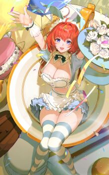 1girl absurdres artist_request balloon blue_eyes breasts cleavage commentary english_commentary flower highres large_breasts multicolored_thighhighs official_art open_mouth red_hair smile snowbreak:_containment_zone solo star_balloon striped_clothes striped_thighhighs tess_kotkin thighhighs white_flower