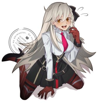 1girl black_shoes black_skirt braid breasts collared_shirt commentary_request fate/grand_order fate_(series) gloves hair_between_eyes high-waist_skirt high_heels hirakawa large_breasts long_hair looking_at_viewer necktie olga_marie_animusphere olga_marie_animusphere_(unbeast) open_mouth orange_eyes pantyhose red_gloves red_necktie red_pantyhose shirt shirt_tucked_in shoes side_braid simple_background sitting skirt solo wariza watermark white_background white_hair white_shirt