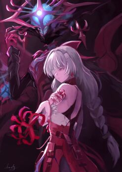 1girl absurdres bandage_over_one_eye bare_shoulders braid chucky_(chucky1000sun) closed_mouth commentary dress earrings flower grey_eyes grey_hair halter_dress halterneck hecate_(wuthering_waves) highres holding holding_flower jewelry long_hair looking_at_viewer looking_to_the_side outstretched_arm phrolova_(wuthering_waves) red_dress signature spider_lily tacet_discord_(wuthering_waves) wuthering_waves