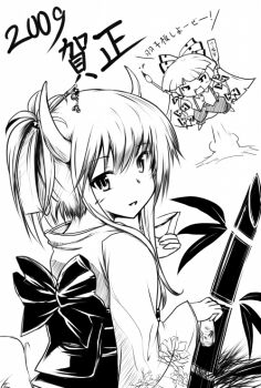 2girls date_hajime ex-keine female_focus flower fujiwara_no_mokou greyscale japanese_clothes kamishirasawa_keine kimono monochrome multiple_girls new_year plant touhou white_background