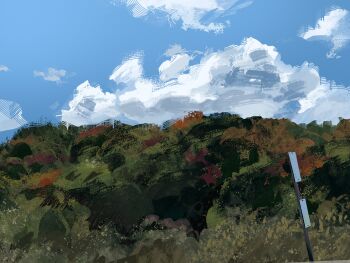 absurdres bush cloud cloudy_sky commentary forest from_below highres landscape nature no_humans original outdoors painterly road_sign scenery sign sky sky_focus symbol-only_commentary tree twulfs