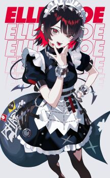 1girl apron bandaid bandaid_on_tail black_bow black_choker black_dress black_hair bow brown_pantyhose chain character_name choker colored_inner_hair commentary_request cowboy_shot dress earclip ellen_joe fang feet_out_of_frame fingernails fins fish_tail grey_background hair_ornament hairband hairclip hairpin hand_on_own_face hand_on_own_hip hand_up highres inward_v kygraffiti looking_at_viewer maid maid_headdress multicolored_hair nail_polish open_mouth pantyhose pink_hair pink_nails puffy_short_sleeves puffy_sleeves red_eyes red_nails shark_girl shark_tail short_hair short_sleeves solo sparkling_eyes spiked_hairband spikes standing tail teeth text_background v white_apron wrist_cuffs x_hair_ornament zenless_zone_zero