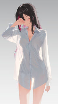 Rule 34 | 1girl, asymmetrical sidelocks, azki (hololive), black hair, breasts, cleavage, cohi27151463, collared shirt, colored inner hair, commentary request, cowboy shot, double-parted bangs, dress shirt, facing viewer, gradient background, grey background, hair intakes, hand up, highres, hololive, long hair, long sleeves, medium breasts, messy hair, mole, mole under eye, multicolored hair, naked shirt, pink hair, pink streaks, see-through silhouette, shirt, sidelocks, simple background, solo, very long hair, virtual youtuber, white shirt, white streaks