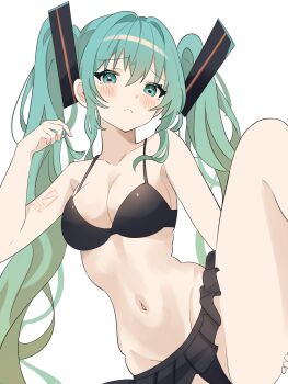 1girl absurdres aqua_eyes aqua_hair arm_tattoo bare_shoulders bikini bikini_skirt black_background black_bikini blush breasts cleavage closed_mouth coco_irasuto collarbone frown gradient_hair green_hair hair_between_eyes hair_ornament hand_on_own_thigh hand_up hatsune_miku highres large_breasts leg_up long_hair looking_at_viewer multicolored_hair navel number_tattoo simple_background skirt solo standing standing_on_one_leg stomach swimsuit tattoo twintails two-tone_hair very_long_hair vocaloid white_background