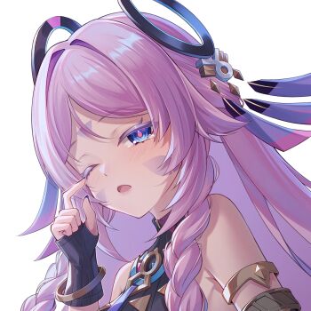 1girl armlet bare_shoulders black_gloves blue_eyes bracelet braid braided_sidelocks citlali_(genshin_impact) commentary facial_mark floating_headgear forehead_mark genshin_impact gloves hair_intakes hashtag-only_commentary headgear highres jewelry leotard long_hair nail_polish one_eye_closed open_mouth pink_hair pink_pupils rubbing_eyes sleepy solo symbol-only_commentary twin_braids upper_body white_background yuno_kaihara