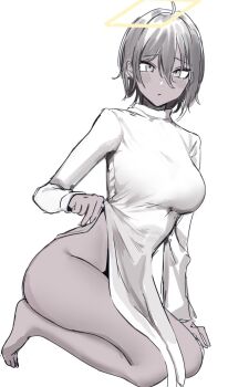 1girl agame-san_(agamemega) agamemega ahoge barefoot breasts clothes_lift commentary_request dress dress_lift greyscale hair_between_eyes halo highres kneeling looking_at_viewer monochrome no_panties original rectangular_halo short_hair side_slit simple_background solo spot_color