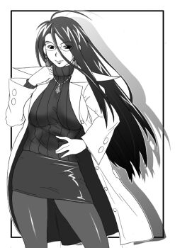 1girl earrings female_focus glasses greyscale jewelry justice_gakuen lab_coat long_hair minazuki_kyoko monochrome necklace pantyhose pencil_skirt power_play ribbed_sweater skirt solo sweater