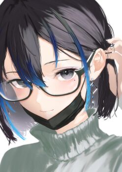 1girl absurdres blue_hair blue_streaks closed_mouth cohi27151463 commentary_request double-parted_bangs earrings glasses grey_sweater hair_between_eyes hand_up highres indie_virtual_youtuber jewelry light_smile looking_at_viewer mole mole_under_eye multicolored_hair semi-rimless_eyewear short_hair simple_background smile solo streaked_hair sweater turtleneck turtleneck_sweater virtual_youtuber white_background yubari_rei