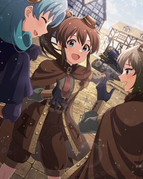 3girls belt blue_eyes blue_hair brown_hair building buttons card_(medium) closed_eyes cloud coat game_cg gloves hat idolmaster idolmaster_million_live! idolmaster_million_live!_theater_days mini_hat multiple_girls nagayoshi_subaru necktie official_art open_mouth pointing ponytail profile satake_minako shorts tokugawa_matsuri train window