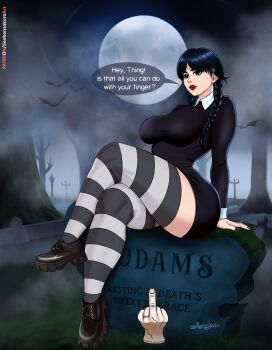 1girl the_addams_family aged_up alternate_breast_size_(larger) black_dress black_eyeshadow black_hair black_lips braid buttons collar collared_shirt cowboy_shot crossed_legs curvy dress eyeshadow graveyard highres juliet_sleeves lipstick long_hair long_sleeves looking_ahead makeup middle_finger night night_sky outdoors parted_bangs parted_lips puffy_sleeves pun senbonzakuraart shirt sitting sky smile thing_(the_addams_family) twin_braids wednesday_addams white_collar wide_hips