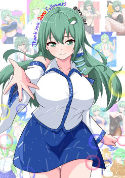 1girl absurdres blush breasts detached_sleeves frog_hair_ornament green_eyes green_hair hair_ornament hair_tubes highres kochiya_sanae large_breasts long_hair looking_at_viewer milestone_celebration miniskirt nontraditional_miko pamu_art single_hair_tube skirt smile snake snake_hair_ornament solo thank_you touhou
