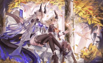 2girls absurdres arknights bird black_boots black_pantyhose blonde_hair blue_fire blue_hair boots breasts cleavage commentary_request crossed_arms dragon_girl dragon_horns fire flame-tipped_tail gradient_hair grey_hair grin hair_over_one_eye high_heel_boots high_heels highres horns infection_monitor_(arknights) jewelry long_hair looking_at_viewer multicolored_hair multiple_girls multiple_horns necrass_(arknights) pantyhose parted_lips pillar ppxdq reed_(arknights) reed_the_flame_shadow_(arknights) ring siblings sisters sitting smile tail thighhighs torn_clothes torn_thighhighs twintails very_long_hair