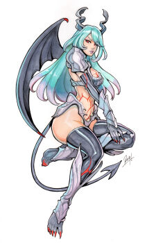 1girl amira_(shingeki_no_bahamut) aqua_hair armor bikini_armor black_thighhighs demon_girl demon_horns demon_tail demon_wings granblue_fantasy greaves highres horns long_hair looking_at_viewer red_eyes red_nails reiq-art sharp_toenails shingeki_no_bahamut shingeki_no_bahamut:_genesis single_wing solo tail thighhighs toenails wings