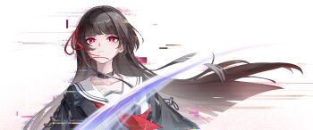 Rule 34 | 1girl, absurdres, black choker, black jacket, black shirt, bright pupils, chisa (wuthering waves), choker, closed mouth, collarbone, commentary, english commentary, glitch, hair ribbon, highres, huqu (huqu45712), jacket, long hair, looking at viewer, neckerchief, red eyes, red neckerchief, red ribbon, ribbon, sailor collar, shirt, solo, upper body, white background, white pupils, white sailor collar, wuthering waves