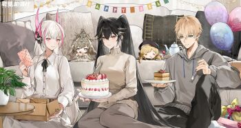 1boy 4girls anniversary balloon bianca:_crepuscule_(pgr) bianca_(pgr) blonde_hair blue_eyes cake celica_(pgr) chibi food fork highres holding holding_fork indoors lee:_hyperreal_(pgr) lee_(pgr) liv:_eclipse_(pgr) liv_(pgr) long_hair lucia:_pyroath_(pgr) lucia_(pgr) multicolored_hair multiple_girls official_art pink_eyes punishing:_gray_raven red_eyes sweat sweater turtleneck turtleneck_sweater twintails two-tone_hair white_hair