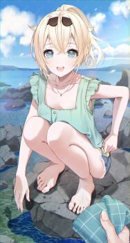 1girl :d aqua_eyes aqua_shirt bare_arms barefoot black_hairband blonde_hair blue_sky cloud commentary_request crossed_bangs day denim denim_shorts double-parted_bangs feet frilled_shirt frilled_sleeves frills full_body hair_between_eyes hair_flaps hairband handkerchief highres holding holding_handkerchief hololive jewelry kazama_iroha looking_at_viewer mamdtsubu necklace ocean open_mouth outdoors ponytail pov pov_hands shirt short_hair short_shorts short_sleeves shorts sky smile solo squatting teeth toenails toes upper_teeth_only virtual_youtuber