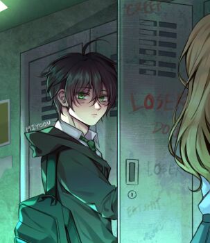 1boy ahoge artist_name backpack bag black_bag black_hair black_hoodie black_shirt blonde_hair commentary degrees_of_lewdity graffiti green_eyes green_necktie hood hoodie indoors kylar_(degrees_of_lewdity) kylar_(male)_(degrees_of_lewdity) locker looking_at_another looking_at_viewer miyoou11 necktie shirt short_hair solo_focus symbol-only_commentary white_shirt