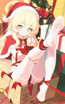 1girl absurdres blonde_hair blue_archive bound bound_wrists box capelet cardboard_box christmas christmas_present christmas_tree chromatic_aberration closed_mouth crying crying_with_eyes_open fang fang_out feet fur-trimmed_capelet fur-trimmed_headwear fur_trim gift green_eyes halo hat highres in_box in_container indoors jiuchong_ying_fengxue loli long_hair no_shoes pantyhose professor_niyaniya_(blue_archive) red_capelet red_hat ribbon ribbon_bondage santa_hat soles solo tears thighband_pantyhose toes white_pantyhose yellow_halo
