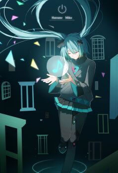 1girl aqua_hair black_shoes black_skirt character_name closed_eyes commentary_request foot_out_of_frame grey_shirt hair_between_eyes hair_ornament hatsune_miku highres long_hair musical_note pleated_skirt project_sekai shirt shoes skirt solo triangle twintails u1_msd u_u very_long_hair vocaloid x_hair_ornament