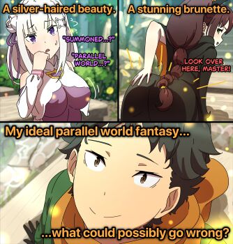 1boy 2girls absurdres ass black_hair black_hood bodysuit braid braided_ponytail cape commentary elf emilia_(re:zero) english_commentary english_text flower from_behind grabbing_own_ass green_eyes hair_flower hair_ornament highres long_hair mayngomay multiple_girls natsuki_subaru pointy_ears purple_bodysuit purple_eyes re:zero_kara_hajimeru_isekai_seikatsu shaula_(re:zero) very_long_hair white_cape white_flower white_hair