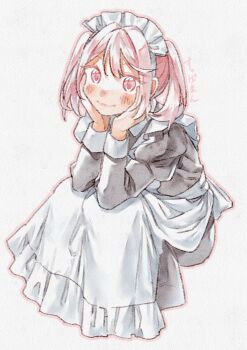 Rule 34 | 1girl, alternate costume, apron, black dress, commentary request, dress, enmaided, frilled apron, frills, hands on own face, highres, kantai collection, maid, maid headdress, pink eyes, pink hair, sazanami (kancolle), short hair, simple background, sitting, solo, suppaman (rfjy), twintails, white apron, white background