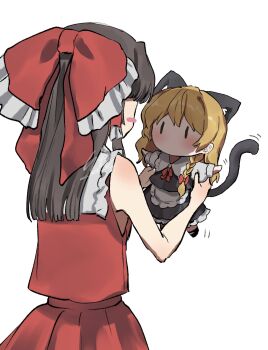 2girls alternate_size animal_ears apron black_skirt black_vest blonde_hair blush bow braid brown_hair cat_ears cat_girl cat_tail commentary frilled_bow frilled_hair_tubes frills hair_bow hair_tubes hakurei_reimu highres kemonomimi_mode kirisame_marisa lifting_person long_hair mini_person minigirl multiple_girls niru_(ka_k_0517) no_headwear red_bow red_skirt side_braid signature simple_background single_braid skirt skirt_set tail touhou vest white_apron white_background |_|