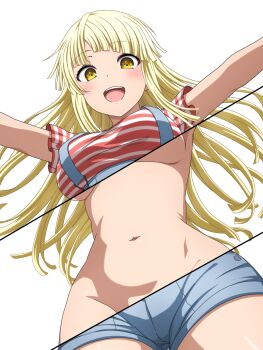 1girl bang_dream! blonde_hair blue_overalls commentary from_below highres long_hair navel noshimurin open_mouth overalls paid_reward_available red_shirt revealing_layer shirt simple_background solo striped_clothes striped_shirt teeth tsurumaki_kokoro upper_teeth_only white_background yellow_eyes