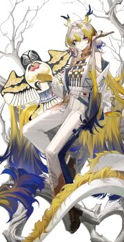 1girl 4626238526 absurdres arknights bad_anatomy bad_hands bare_shoulders beads belt blonde_hair blue_hair branch chinese_commentary closed_mouth colored_extremities commentary_request dragon_girl dragon_horns dragon_tail earrings eyeliner full_body green_eyes hair_between_eyes hair_intakes highres horns jacket jewelry kite long_hair long_sleeves looking_at_viewer makeup multicolored_hair necklace off_shoulder on_branch pants pointy_ears purple_hair red_eyeliner red_pupils seigaiha shu_(arknights) sitting sitting_on_branch smile solo strapless tail tube_top very_long_hair white_background white_belt white_hair white_jacket white_pants white_tube_top