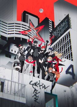 4boys 5girls akechi_gorou amamiya_ren bodysuit braid breasts city cleavage crown_braid fox_(persona_5) hat hat_feather highres jacket joker_(persona_5) kitagawa_yuusuke leotard looking_at_viewer monochrome moon morgana_(persona_5) multiple_boys multiple_girls naru9 niijima_makoto noir_(persona_5) okumura_haru oracle_(persona_5) panther_(persona_5) pantyhose persona persona_5 persona_5_the_royal queen_(persona_5) sakamoto_ryuuji sakura_futaba scarf skull_(persona_5) smile spot_color standing takamaki_anne violet_(persona_5) yoshizawa_kasumi