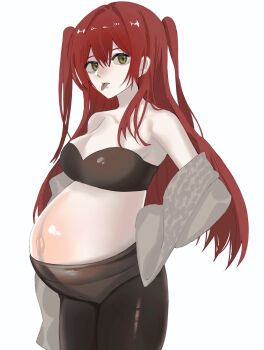 Rule 34 | 1girl, absurdres, black bra, black legwear, bra, green eyes, highres, linea nigra, long hair, maternity pantyhose, navel, panties, pregnant, red hair, solo, standing, strapless, strapless bra, tongue, tongue out, tube top, twintails, underwear, white panties