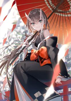 1girl arm_support asu_(sinsekai) bare_shoulders black_kimono blurry blurry_background bow breasts brown_hair cleavage closed_mouth earrings eyelashes eyeshadow fang fang_out green_eyes hair_between_eyes highres holding holding_umbrella horns japanese_clothes jewelry kamitsubaki_studio kimono large_bow long_hair long_sleeves looking_at_viewer makeup medium_breasts miwano_rag oil-paper_umbrella oni oni_horns outdoors red_bow second-party_source setsubun shinsekai_keikaku_sinsekai_city_project sidelocks sinsekai_record skin_fang smile solo umbrella very_long_hair virtual_youtuber wide_sleeves