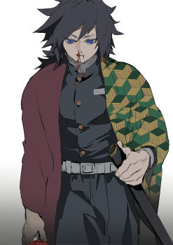 Rule 34 | 1boy, belt, black hair, black jacket, black pants, blood, blood from mouth, blue eyes, buttons, cowboy shot, demon slayer uniform, gold buttons, haori, high collar, highres, holding, holding sheath, holding sword, holding weapon, jacket, japanese clothes, kikkoumon, kimetsu no yaiba, kys37577, long hair, low ponytail, male focus, pants, ponytail, print haori, red haori, sheath, simple background, solo, spiked hair, sword, tomioka giyuu, weapon, white background, white belt
