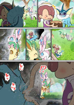 !? bestiality blue_sclera blush colored_sclera comic day ditto fisting gen_1_pokemon gen_4_pokemon gen_6_pokemon grass heart leafeon nenbuta nintendo outdoors pokemon pokemon_pokopia pussy_juice sex shirt sky stealth_sex sweat sylveon tree vaporeon voyeurism