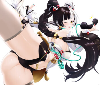 1girl absurdres aqua_nails bare_shoulders black_hair black_panties braid braided_twintails breasts china_dress chinese_clothes clothing_aside commentary corded_phone cowboy_shot detached_sleeves dialyn_(zenless_zone_zero) dress earrings english_commentary from_side hair_extensions hair_ornament hairclip highres holding holding_phone jewelry leg_up long_hair looking_at_viewer medium_breasts mee_don multicolored_hair multicolored_nails navel one_eye_closed open_mouth panties pelvic_curtain pelvic_curtain_aside phone red_nails ring_hair_extensions simple_background solo sparkling_eyes split-color_hair thighhighs underwear white_background white_dress white_hair white_thighhighs yellow_eyes zenless_zone_zero