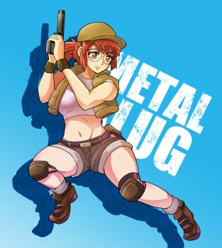 1girl bardothodol belt blue_background boots brown_belt brown_boots brown_shorts commentary_request copyright_name crop_top drop_shadow fio_germi full_body glasses green_hat green_vest gun handgun hat highres holding holding_gun holding_weapon knee_pads metal_slug midriff navel open_clothes open_vest orange_eyes orange_hair ponytail round_eyewear short_shorts shorts solo vest weapon wristband