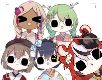 &gt;_&lt; 5girls :d animal_ears apron black_hair blue_flower blue_kimono blurry blurry_background braid braided_bangs branch brown_hair ceres_fauna ceres_fauna_(new_year) chibi closed_eyes commentary dark-skinned_female dark_skin depth_of_field double_bun english_commentary floral_print flower fong_(fongthe0125) green_hair grey_apron grey_kimono hair_bun hair_flower hair_intakes hair_ornament hair_over_shoulder hakos_baelz hakos_baelz_(new_year) highres hololive hololive_english japanese_clothes kimono long_hair looking_at_viewer low_twintails mouse_ears multiple_girls nanashi_mumei nanashi_mumei_(new_year) open_mouth ouro_kronii ouro_kronii_(new_year) parted_bangs pink_kimono print_kimono red_hair simple_background smile tsukumo_sana tsukumo_sana_(new_year) twin_braids twintails two_side_up viewfinder virtual_youtuber white_background white_flower xd