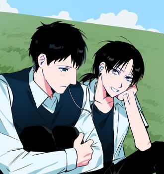 1boy 1girl bertolt_hoover black_hair black_pants blue_eyes blue_sweater_vest brown_eyes collared_shirt earphones freckles hand_on_own_cheek hand_on_own_face highres hugging_own_legs icelandcrow light_blush looking_at_another low_ponytail medium_hair outdoors pants parted_lips ponytail shared_earphones shingeki_no_kyojin shirt short_hair smile sweater_vest tears upper_body white_shirt ymir_(shingeki_no_kyojin)