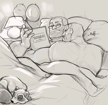 2boys afterglow bara beard_stubble buzz_cut character_request check_character couple cuddling desk_lamp engineer_(tf2) english_text facial_hair glasses greyscale helmet highres lamp male_focus mature_male monochrome multiple_boys muscular muscular_male on_bed pet receding_hairline short_hair sindenbarks sleeping soldier_(tf2) sparse_arm_hair stubble team_fortress_2 very_short_hair yaoi