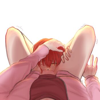 2girls ^^^ artist_request bad_id bad_pixiv_id blush bocchi_the_rock! cunnilingus cunnilingus_pov female_pubic_hair gotoh_hitori hand_blush hand_on_another&#039;s_head hand_on_another&#039;s_thigh heart heart-shaped_pupils highres jacket kita_ikuyo knee_blush multiple_girls one_eye_closed oral pink_jacket pov pubic_hair red_hair simple_background symbol-shaped_pupils trembling trembling_legs unzipped white_background yellow_eyes yuri