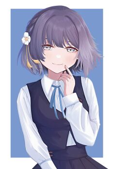 1girl absurdres black_skirt black_vest blue_background blue_ribbon blush border commentary_request flower gakuen_idolmaster hair_flower hair_ornament hataya_misuzu hatsuboshi_gakuen_school_uniform highres idolmaster long_sleeves looking_at_viewer mole mole_under_mouth neck_ribbon outside_border pleated_skirt purple_hair ribbon saohahu school_uniform shirt short_hair simple_background skirt skirt_set smile solo vest white_border white_shirt