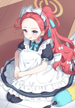 1girl absurdres apron black_dress blue_archive blue_bow blue_bowtie blue_ribbon blush bow bowtie dress duster feather_duster forehead frilled_apron frilled_dress frills hair_bow hair_ribbon halo highres long_hair melozr official_alternate_costume open_mouth ponytail purple_eyes red_hair ribbon short_sleeves solo very_long_hair white_apron white_bow yellow_halo yuzu_(blue_archive) yuzu_(maid)_(blue_archive)