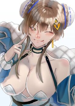 00ksuu00 1girl absurdres bare_shoulders black_choker blush braid braided_bun breasts brown_hair bun_cover chaos_zero_nightmare choker cleavage double_bun earrings hair_bun hair_ornament hand_on_own_cheek hand_on_own_face highres jewelry large_breasts long_hair looking_at_viewer mole mole_under_mouth one_eye_closed solo tongue tongue_out yellow_eyes yuki_(chaos_zero_nightmare)