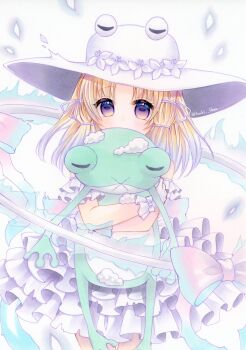 1girl alternate_costume alternate_headwear blonde_hair commentary_request dress flower frilled_dress frills gradient_hair hair_ribbon hat hat_flower highres hugging_doll hugging_object iris_(flower) moriya_suwako multicolored_hair purple_eyes ribbon solo stuffed_animal stuffed_frog stuffed_toy stuffing touhou touhou_lostword twitter_username two-tone_hair wedding_dress white_dress white_hat white_ribbon wrist_cuffs yuuki_hana_(jtnp5334)