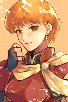 Rule 34 | 1girl, armor, artist name, cape, earrings, fingerless gloves, gloves, jewelry, orange eyes, orange hair, sharon (tear ring saga), short hair, solo, sparkle, sumeragi (black rose), tear ring saga, tear ring saga: yutona eiyuu senki