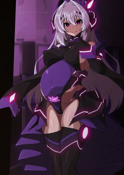 1girl absurdres aoi_tabane big_belly black_gloves black_thighhighs breasts commission corruption cosplay covered_erect_nipples covered_navel dark_persona elbow_gloves gloves glowing glowing_tattoo hand_on_own_chest headgear highres katsuragi_marina kouyoku_senki_exs-tia large_breasts leotard long_hair looking_at_viewer pixiv_commission pregnant pubic_tattoo purple_eyes rextia rextia_(cosplay) sideboob smile solo standing tattoo thighhighs white_hair